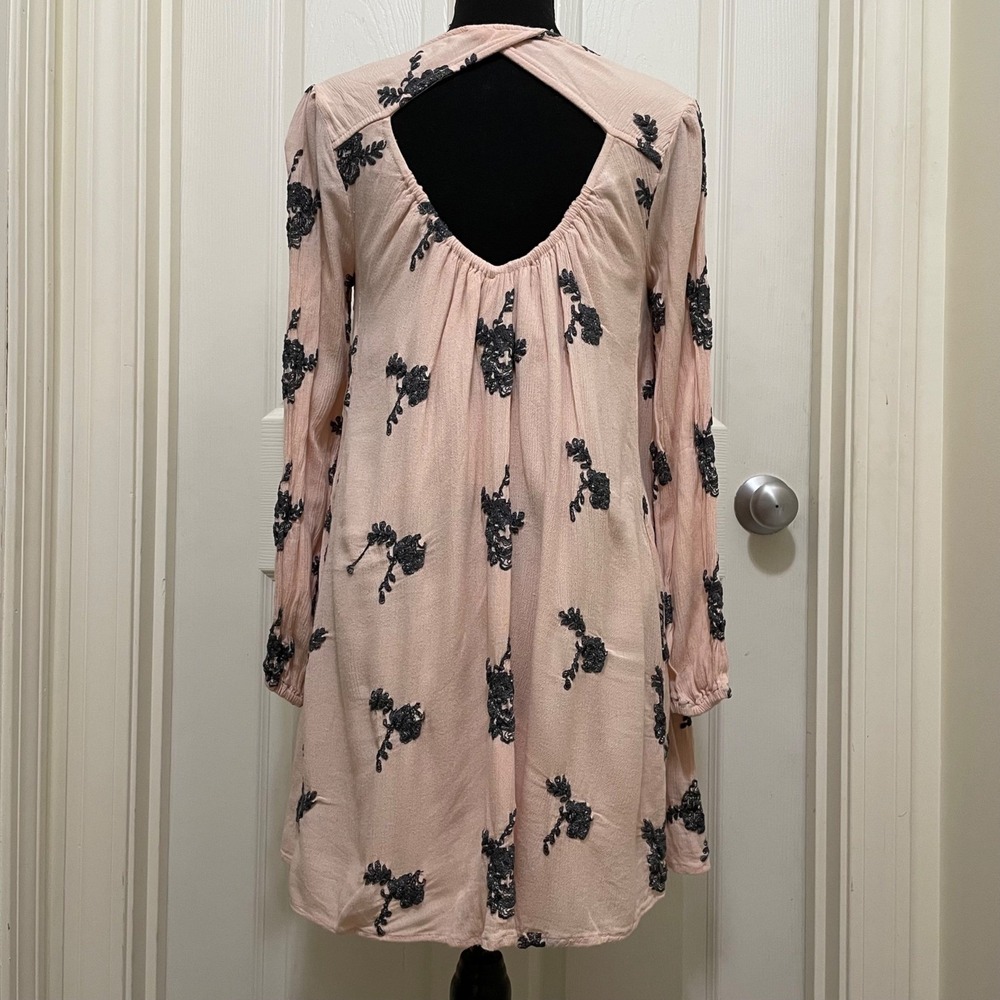 Free‎ People Emma Austin Floral Embroidered Tunic Mini Swing Dress Pink Boho S - Picture 4 of 12